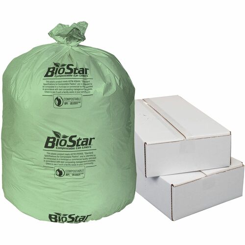 Highmark™ Bio Star Compostable 1-mil Trash Can Liners, 32 Gallons, Green, Pack Of 150 - 32 gal Capacity - 47" Width x 1 mil (25 Micron) Thickness - Low Density - Green - Resin - Kitchen - 150 / Pack
