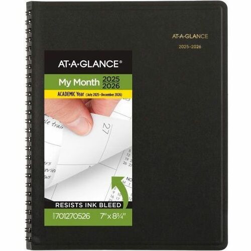 AT-A-GLANCE® Academic 2025-2026 Monthly Planner, Black, Medium, 7" x 8 3/4" - Medium - Academic - Monthly - July 2025 to December 2026 - 7" x 8 3/4" Sheet Size - White Sheet - Wire Bound - Black Faux Leather Cover - 8.8" Height x 7" Width - Reference 