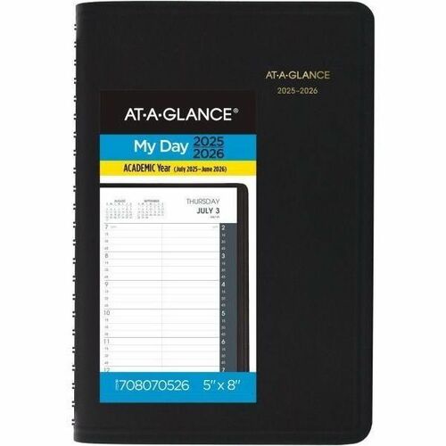 AT-A-GLANCE® Academic 2025-2026 Daily Appointment Book Planner, Black, Small, 5" x 8" - Medium - Academic - Daily - July 2025 to June 2026 - 5" x 8" Sheet Size - White Sheet - Wire Bound - Black Faux Leather Cover - 8" Height x 5" Width - Reference Ca