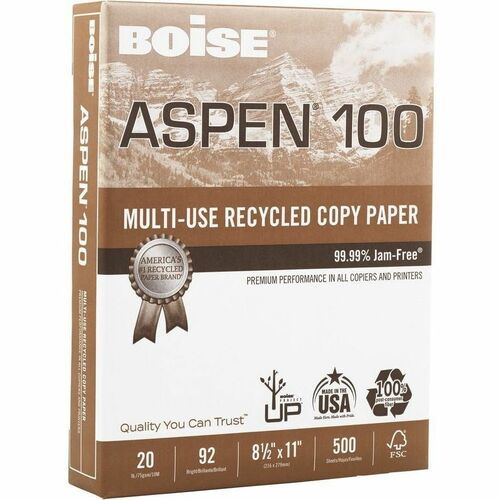 Boise Paper ASPEN Copy & Multipurpose Paper - 92 Brightness - Letter - 8 1/2" x 11" - 20 lb Basis Weight - Smooth - Acid-free, Jam-free - Bright White - 500 Sheets per Ream - 1 Ream