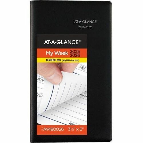 AT-A-GLANCE® DayMinder® Academic 2025-2026 Weekly Planner, Black, Pocket, 3 1/2" x 6" - Small - Academic - Weekly - July 2025 to June 2026 - 3 1/2" x 6" Sheet Size - White Sheet - Wire Bound - Black Faux Leather Cover - 6" Height x 3.5" Width - Re