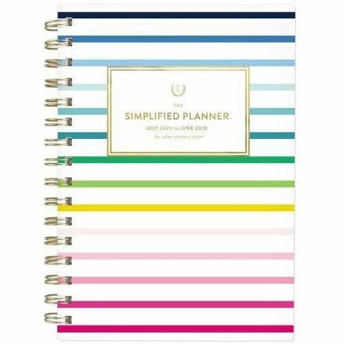 Simplified by Emily Ley for AT-A-GLANCE® Academic 2025-2026 Weekly Monthly Planner, Happy Stripe, Small, 5 1/2" x 8 1/2" - Medium - Academic - Weekly, Monthly - July 2025 to June 2026 - 5 1/2" x 8 1/2" Sheet Size - White Sheet - Wire Bound - Blue Poly