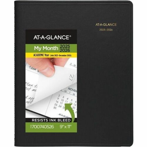 AT-A-GLANCE® Academic 2025-2026 Monthly Planner, Black, Large, 9" x 11" - Large - Academic - Monthly - July 2025 to December 2026 - 9" x 11" Sheet Size - White Sheet - Wire Bound - Black Faux Leather Cover - 11" Height x 9" Width - Reference Calendar 