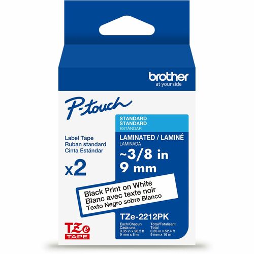Brother Genuine P-touch TZe2212PK BK on WHT Label Tapes, Laminated, 9mmX8m each - 0.35in width - Same Product, Updated Packaging - 7-layer Lamination, Chemical Resistant, Water Resistant, Abrasion Resistant, Temperature Resistant, Fade Resistant, Indoor/O