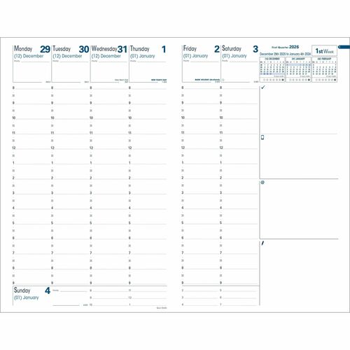 Quo Vadis Planner Minister Freeport Assorted English - Medium - Weekly - 13 Month - December 2025 to December 2026 - 8:00 AM to 9:00 PM - Half-hourly - Monday - Saturday, 8:00 AM to 7:00 PM - Hourly - Sunday - 1 Week Double Page Layout - 6 1/4" (158.75 mm