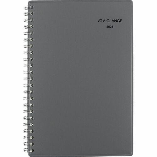 DayMinder Dayminder Weekly/Monthly Planner, 8" x 5" , Bilingual, Metallic Grey - Weekly, Monthly - 12 Month - January 2026 to December 2026 - 1 Week, 1 Month Double Page Layout - 5" (127 mm) x 8" (203.20 mm) Sheet Size - Spiral Bound - Paper - Dark Gray P