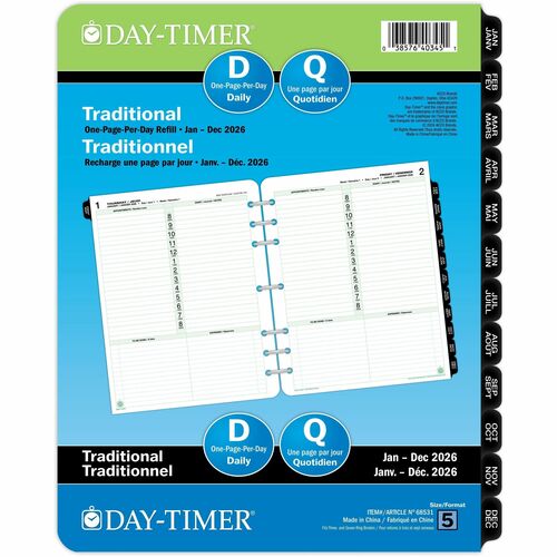 DayTimer 1 Page Per Day Planner Refill, Folio Size, 11" x 8-1/2" , Bilingual - Folio - Daily - 12 Month - January 2026 to December 2026 - 8:00 AM to 8:00 PM - Hourly - 1 Day Single Page Layout - Letter - 8 1/2" (215.90 mm) x 11" (279.40 mm) Sheet Size - G