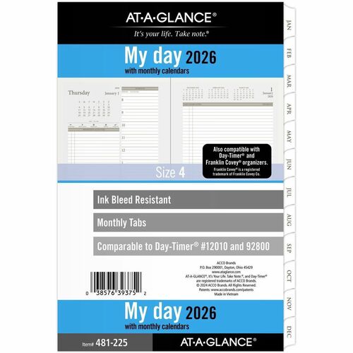 At-A-Glance Planner Refill - Desk - Regular - Julian Dates - Daily - 12 Month - January 2026 to December 2026 - 8:00 AM to 7:00 PM - Hourly - 1 Day Double Page Layout - 5 1/2" x 8 1/2" Sheet Size - White Sheet - 7-ring - White - Paper - Monthly Tab, Bleed