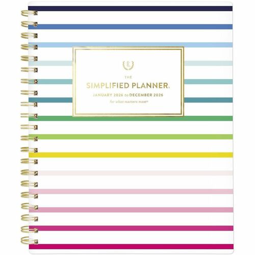 Simplified by Emily Ley for AT-A-GLANCE® 2026 Weekly Monthly Planner, Happy Stripe, Large, 8 1/2" x 11" - Large - Regular - Weekly, Monthly - January 2026 to December - 8 1/2" x 11" Sheet Size - White Sheet - Wire Bound - Rainbow Stripe Polypropylene 
