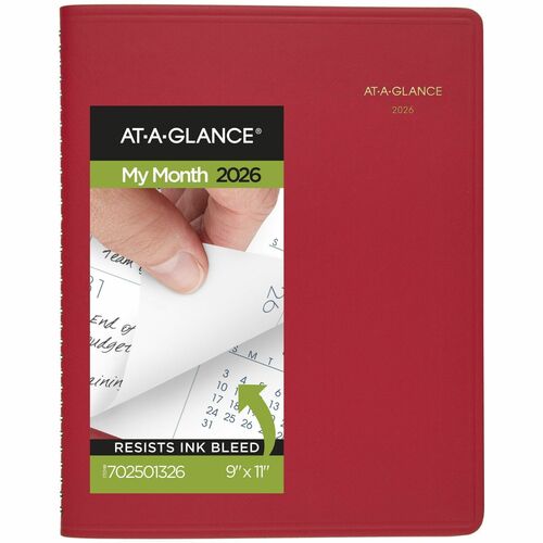 At-A-Glance 2026 15-Month Monthly Planner, Red, Large, 9" x 11" - Large - Regular - Monthly - 15 Month - January 2026 to March 2027 - 1 Month Double Page Layout - 9" x 11" Sheet Size - White Sheet - 2" x 2" Block - Twin Wire - Red Faux Leather Cover - Dat