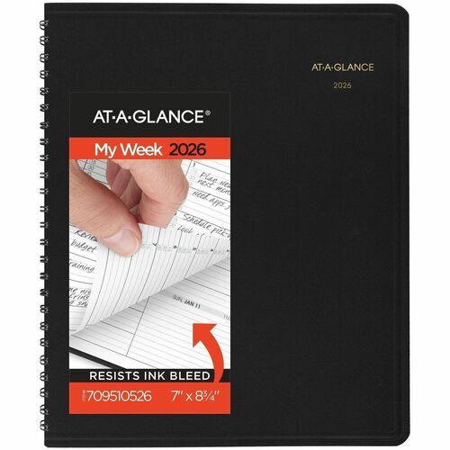 AT-A-GLANCE® 2026 Weekly Appointment Book Planner, Black, Medium, 7" x 8 3/4" - Medium - Regular - Weekly - January 2026 to January - 7" x 8 3/4" Sheet Size - White Sheet - Wire Bound - Black Faux Leather Cover - 8.8" Height x 7" Width - Reference Cal