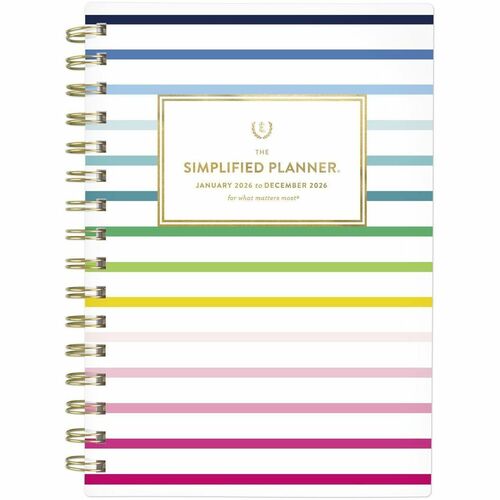Simplified by Emily Ley for AT-A-GLANCE® 2026 Weekly Monthly Planner, Happy Stripe, Small, 5 1/2" x 8 1/2" - Medium - Regular - Weekly, Monthly - January 2026 to December - 5 1/2" x 8 1/2" Sheet Size - White Sheet - Wire Bound - Rainbow Stripe Polypro