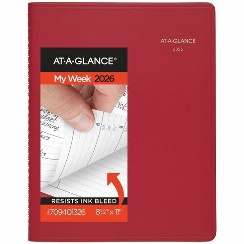 At-A-Glance 2026 Weekly Appointment Book Planner, Red, Large, 8 1/4" x 11" - Large - Regular - Julian Dates - Weekly - 12 Month - January 2026 to December 2026 - 8:00 AM to 9:45 PM - Monday - Friday, 8:00 AM to 6:45 PM - Saturday - 1 Week Double Page Layo