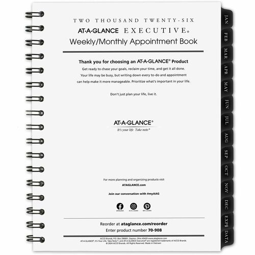 AT-A-GLANCE® Executive 2026 Weekly Monthly Appointment Book Refill, Medium, 6 1/2" x 8 3/4" - Medium - Regular - Weekly, Monthly - January 2026 to December - 6 1/2" x 8 3/4" Sheet Size - White Sheet - Wire Bound - White Paper Cover - 8.8" Height x 6.5