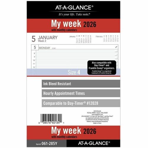At-A-Glance 2026 Weekly Planner Refill, Loose-Leaf, Desk Size, 5 1/2" x 8 1/2" - Desk - Regular - Julian Dates - Weekly - 12 Month - January 2026 to December 2026 - 8:00 AM to 5:00 PM - Hourly - Monday - Friday - 1 Week Double Page Layout - 5 1/2" x 8 1/2