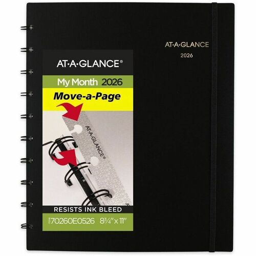 AT-A-GLANCE® Move-A-Page 2026 Monthly Planner, Black, Large, 8 3/4" x 11" - Large - Regular - Monthly - January 2026 to December - 8 3/4" x 11" Sheet Size - White Sheet - Wire Bound - Black Faux Leather Cover - 11" Height x 8.8" Width - Reference Cale