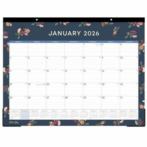 2026 Blue Sky Monthly Desk Pad Calendar, 22" x 17" , Ashlyn Navy, January To December, 148618 - Medium - Regular - Monthly - January 2026 to December - 22" x 17" Sheet Size - White Sheet - Desk - 17" Height x 22" Width - International Holiday, Reference C