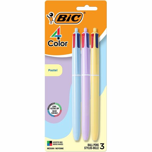 BIC Ballpoint Pen - 1 mm (0.04") Medium Pen Point - Blue, Red, Green, Black Ink - Blue Round, Yellow, Purple Barrel - Home, School - 3 / Pack