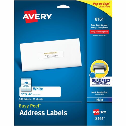 Avery® Easy Peel White Inkjet Mailing Labels - 1" Width x 4" Length - Permanent Adhesive - Rectangle - Inkjet - White - Paper - 20 / Sheet - 25 Total Sheets - 500 Total Label(s) - 500 / Pack