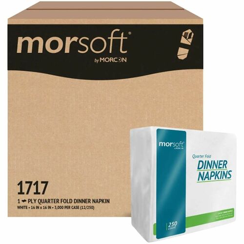 Morcon Morsoft Quarter-Fold Dinner Napkins - 1 Ply - Quarter-fold - 16" Width x 16" Length - White - 250 Napkins/Pack - 12 / Carton