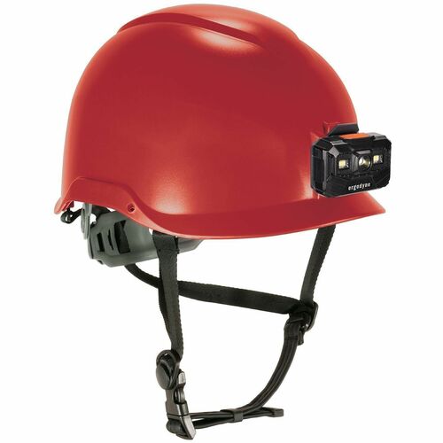 Ergodyne Skullerz 8976 Type 2 Safety Helmet - Impact, Visibility, Head, Overhead Falling Objects, Eye Protection - Expanded Polystyrene Foam (EPS) - Red - LED Light, Built-in LED, Chin Strap, Lightweight, Comfortable, Sweatband, Breathable, Anti-odor, Mac