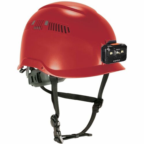 Ergodyne Skullerz 8977 Type 2 Safety Helmet - Head, Impact, Rain, Heat Protection - Expanded Polystyrene Foam (EPS) - Red - Vented, Anti-odor, Chin Strap, Non-conductive, Ratchet, Adjustable Ratchet, Adjustment Knob, LED Light, Built-in LED, Rechargeable,