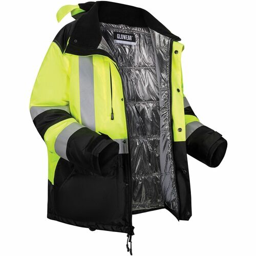 Ergodyne GloWear 8390 Hi-Vis Winter Jacket - Recommended for: Construction, Transportation, Baggage Handling - Small - Water, Cold Temperature, Dirt, Dust, Wind Protection - Snap/Zipper Closure - 4 Pocket(s) - 300D Polyester - Lime, Black - High Visibilit