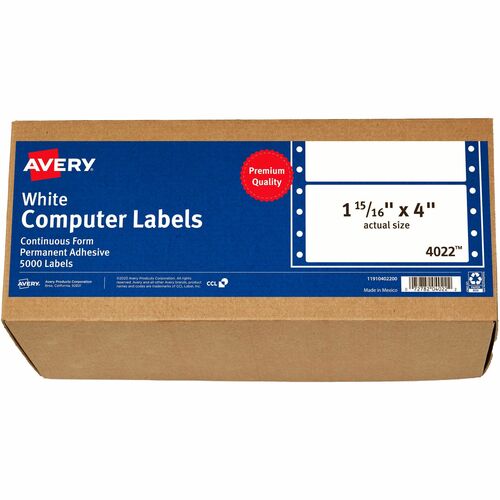 Avery® Address Label - 15/16" Width x 4" Length - Permanent Adhesive - Dot Matrix - White - 1 / Sheet - 5000 Total Label(s) - 5000 / Box