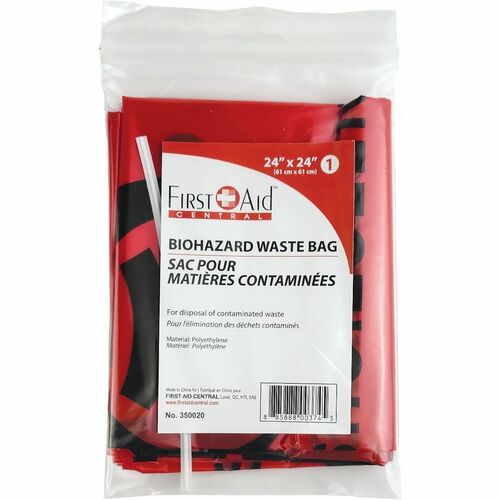First Aid Central Bio Hazard Waste Bag 61 x 61 cm (24" x 24") - 37.85 L Capacity - 24" (609.60 mm) Length x 24" (609.60 mm) Width x 2.50 mil (63 Micron) Thickness - Tie Closure - Red - Hazardous Waste