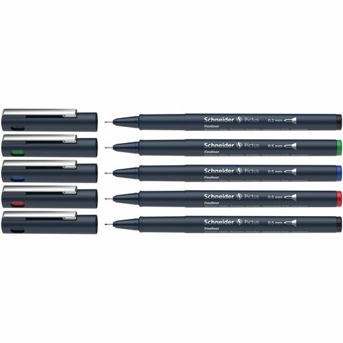 Schneider Pictus Fineliner Pens, Wallet of 5, 0.2 mm & 0.5 mm Tips, Black, Red, Blue, Green, Vibrant Waterproof Ink, Durable Metal Tip, Eco-Friendly, Made in Germany - 0.5 mm (0.02"), 0.2 mm (0.01") Pen Point - Black, Blue, Red, Green Ink - Water Based, P