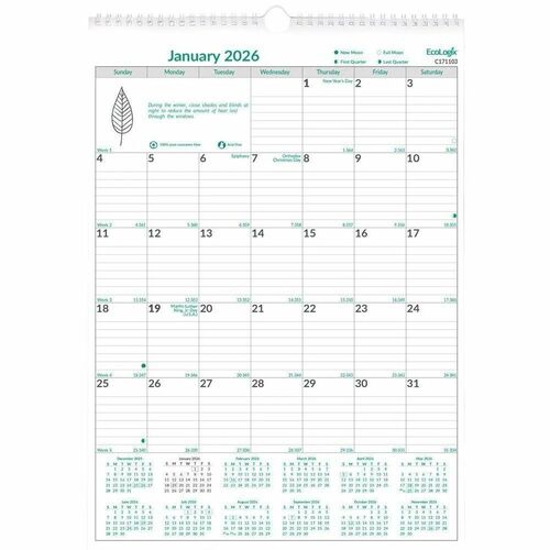 Brownline EcoLogix Monthly Wall Calendar, Recycled, 2026 - Regular - Julian Dates - Monthly - 12 Month - January 2026 to December 2026 - 1 Month Single Page Layout - 17" x 12" Sheet Size - White Sheet - Twin Wire - Wall Mount - Chipboard, Metal - Referenc