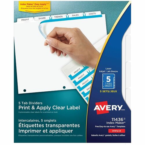 Avery® Print & Apply Clear Label Dividers - Index Maker Easy Apply Label Strip - 25 x Divider(s) - 5 Tab(s)/Set - 8.50" Divider Width x 11" Divider Length - Letter - 3 Hole Punched - Clear Paper Divider - White Tab(s) - 1 / Pack = AVE11436