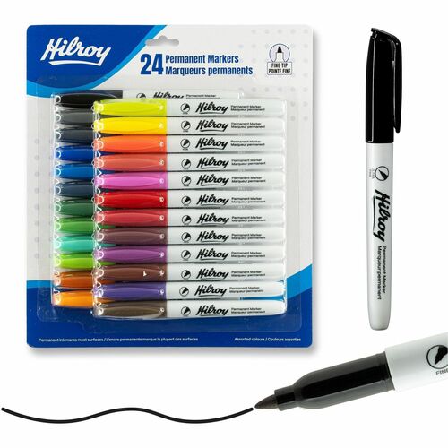 Permanent Marker - Fine Tip - Hilroy Permanent Markers, Permanent Marker, Low Odour Ink, Fine Point, Assorted Colours, 24 Pack
