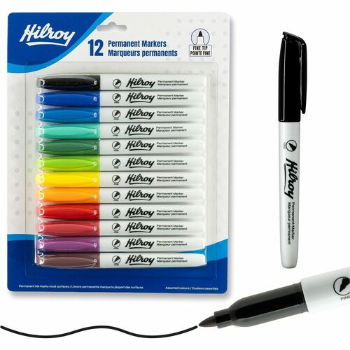 Permanent Marker - Fine Tip - Hilroy Permanent Markers, Permanent Marker, Low Odour Ink, Fine Point, Assorted Colours, 12 Pack