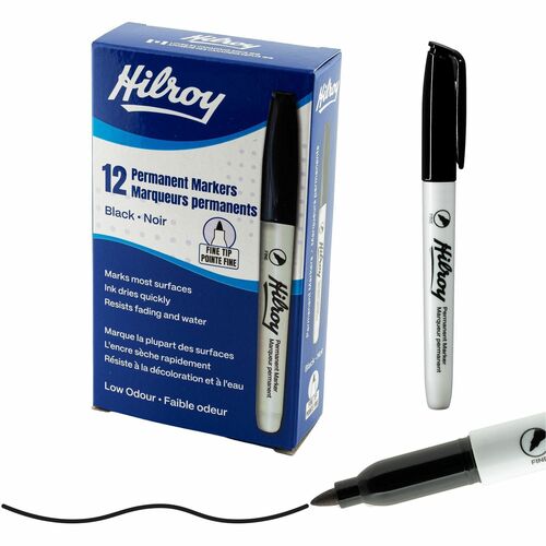 Permanent Marker - Fine Tip - Hilroy Permanent Markers, Permanent Marker, Low Odour Ink, Fine Point, Black, 12 Pack