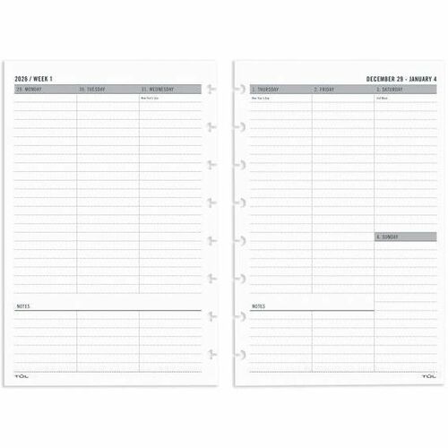 TUL Weekly Planner Refill Pages, Junior Size, January To December - Junior - Regular - Weekly - 12 Month - January 2026 to December 2026 - 1 Week Double Page Layout - 5 1/2" x 8 1/2" Sheet Size - White Sheet - Paper - International Holiday, Reference Cale