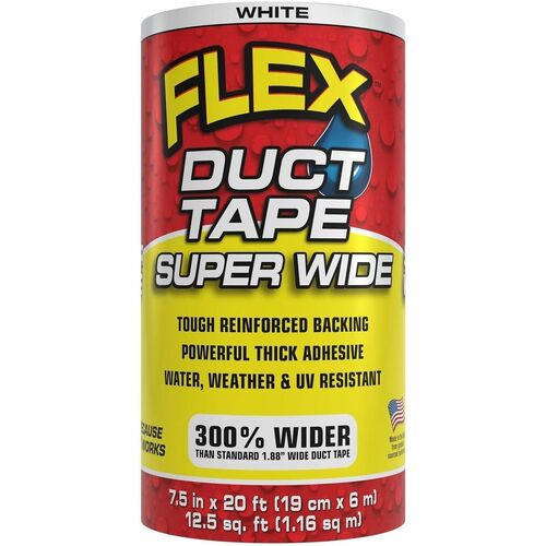 FLEX SEAL Super Wide Duct Tape - 20 ft Length x 7.50" Width - White - Rubber Adhesive - Water Resistant, Weather Resistant, UV Resistant - For Reinforcing, Box, Household, Repair, DIY, Sealing, Drafting, Window, Door, Furniture, Fabric, ... - 1 Carton