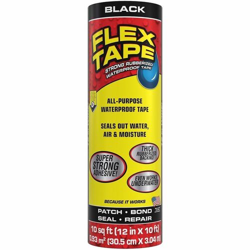FLEX SEAL Repair Tape - 10 ft Length x 12" Width - Black - Rubber Backing - Water Proof, UV Resistant, Temperature Resistant, Weather Resistant, Moisture Resistant - For Repair, Sealing, Home, Roofing, General Purpose, Bathroom, Project, Multi Surface, Bo