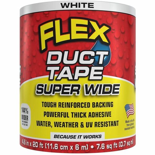 FLEX SEAL Super Wide Duct Tape - 20 ft Length x 4.60" Width - White - Rubber Adhesive - Water Resistant, Weather Resistant, UV Resistant - For Reinforcing, Box, Household, Repair, DIY, Sealing, Drafting, Window, Door, Furniture, Fabric, ... - 1 Carton