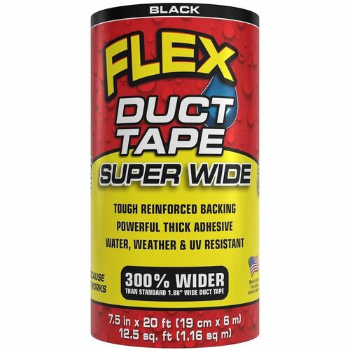 FLEX SEAL Super Wide Duct Tape - 20 ft Length x 7.50" Width - Black - Rubber Adhesive - Water Resistant, Weather Resistant, UV Resistant - For Reinforcing, Box, Household, Repair, DIY, Sealing, Drafting, Window, Door, Furniture, Fabric, ... - 1 Carton