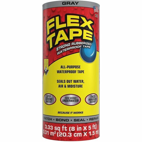 FLEX SEAL Repair Tape - 5 ft Length x 8" Width - Gray - Rubber Backing - Water Proof, UV Resistant, Temperature Resistant, Weather Resistant, Moisture Resistant - For Repair, Sealing, Home, Roofing, General Purpose, Bathroom, Project, Multi Surface, Bondi