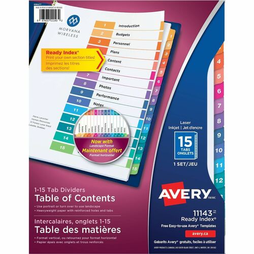 Avery® Ready Index Custom TOC Binder Dividers - 15 x Divider(s) - 1-15, Table of Contents - 15 Tab(s)/Set - 8.50" Divider Width x 11" Divider Length - 3 Hole Punched - White Paper Divider - Multicolor Paper Tab(s) - Index Dividers - AVE11143