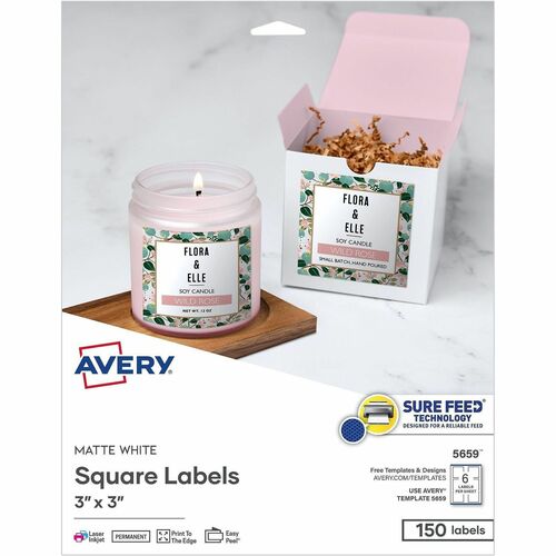 Avery Matte White 3"x3" Square Labels - 3" Height x 3" Width - Permanent Adhesive - Square - Laser, Inkjet - White Matte - Paper - Adhesive, Jam Resistant, Easy Peel, Pop Up Edge, Smudge-free, Print-to-the Edge - 6 / Sheet - 150 / Pack