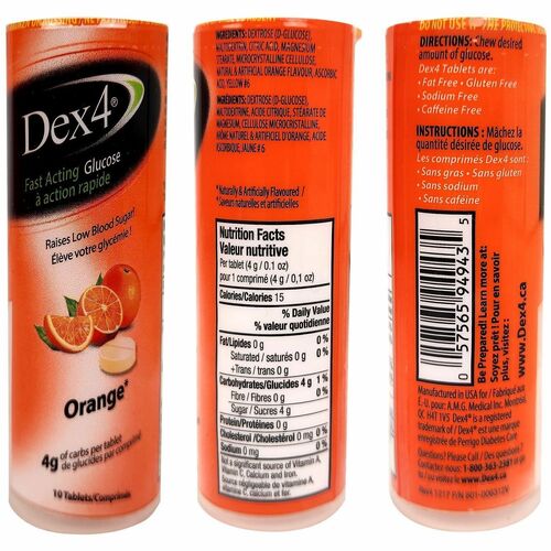 Dex4 Fast Acting Glucose - Fast acting glucose tablets, Raises low blood sugar, Each tablet is 4g, 10 tablets per pack, Orange Flavour