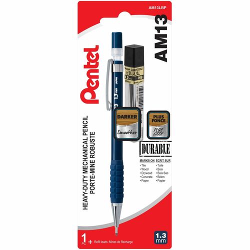 Pentel AM13 1.3mm Heavy Duty Mechanical Pencil and CH13-HB Lead - Heavy Duty Mechanical Pencil, Construction, Warehouse, Marking, Pre-loaded with Super Hi-Polymer Lead, 1.3mm Bold Point, Blue Barrel, 1 Pencil Plus Refill Lead Tube