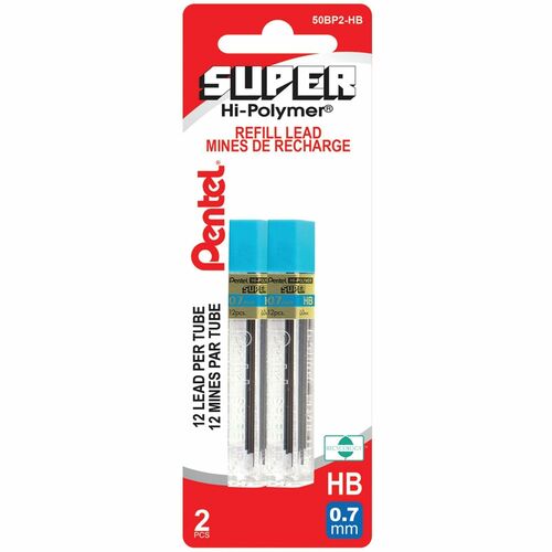Pentel Super Hi-Polymer Lead Refill (0.7mm), HB, 12 Leads per Tube, 2PC Pack - Lead Refills for Mechanical Pencils, HB Grade, Standard Lead for Everyday Use, 0.7mm Medium Point, 50BP2-HB, 2 Pack