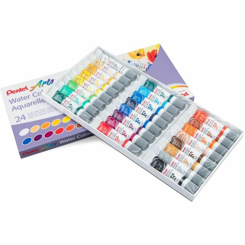 Pentel Arts Water Colours Assorted Colours, 24 Colour Pack - Water Colours Assorted Colours, Artist Quality, 5ml Plastic Tubes, Acid-Free and Certified by ACMI