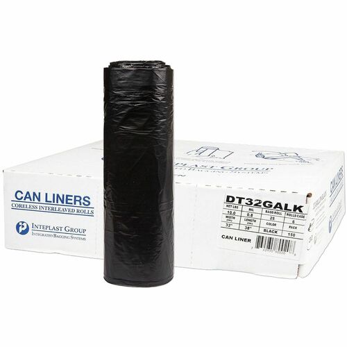 Inteplast Draw-Tuff Draw Tape Can Liners - 32 gal Capacity - 38" Length x 33" Width x 0.80 mil (20 Micron) Thickness - Drawstring Closure - Black - Garbage, Can Liner
