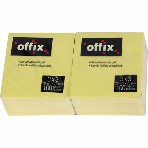 Offix Note Pad - 100 x Yellow - 3" (76.20 mm) Flag/Note Width x 3" (76.20 mm) Flag/Note Length - 100 Sheets per Pad - Yellow - Self-adhesive - 12 / Pack