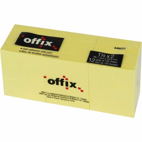 Offix Note Pad - 100 x Yellow - 1 1/2" (38.10 mm) Flag/Note Width x 2" (50.80 mm) Flag/Note Length - 100 Sheets per Pad - Yellow - Self-adhesive - 12 / Pack